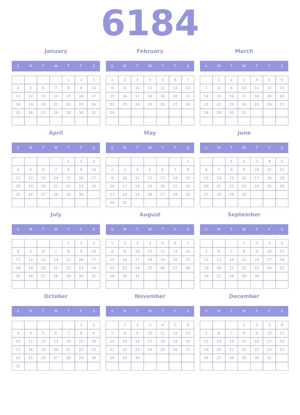 Printable 6184 Year Calendars periwinkle