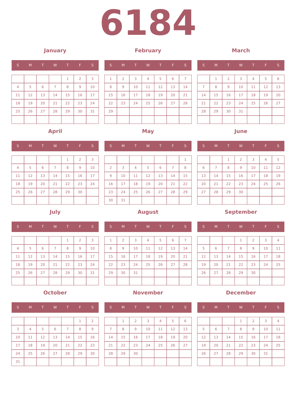 Printable 6184 Year Calendars puce