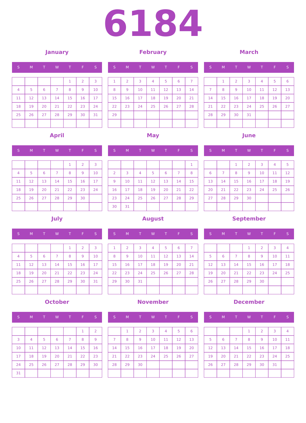 Printable 6184 Year Calendars purple