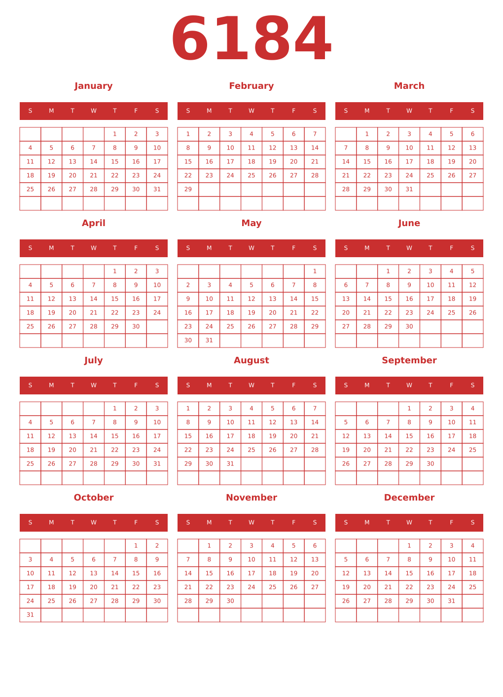 Printable 6184 Year Calendars red