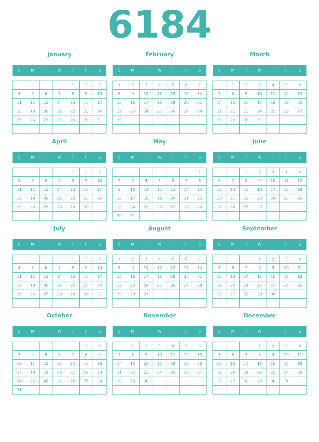 Printable 6184 Year Calendars verdigris