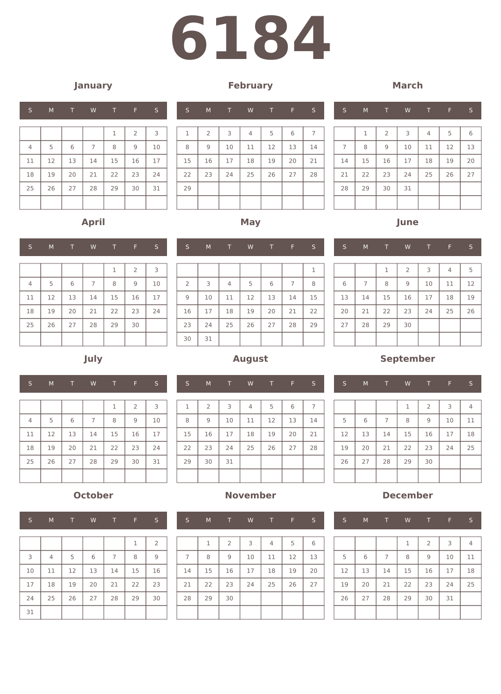 Printable 6184 Year Calendars wenge
