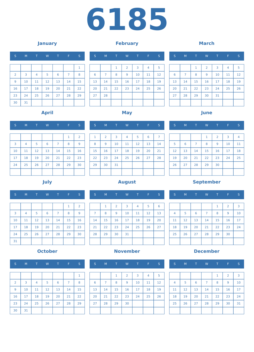 Printable 6185 Year Calendars blue