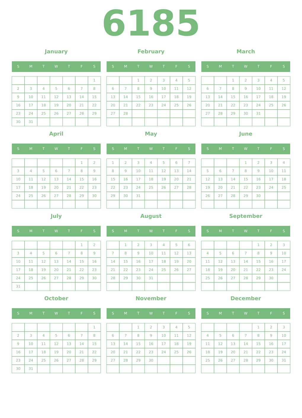 Printable 6185 Year Calendars celadon