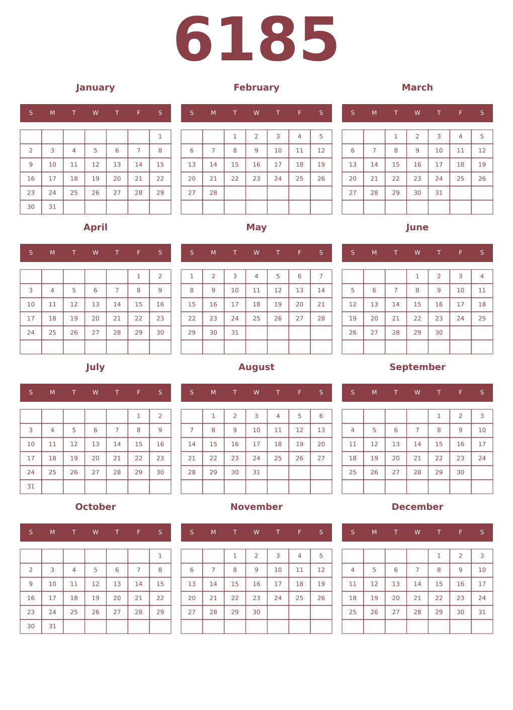 Printable 6185 Year Calendars cordovan