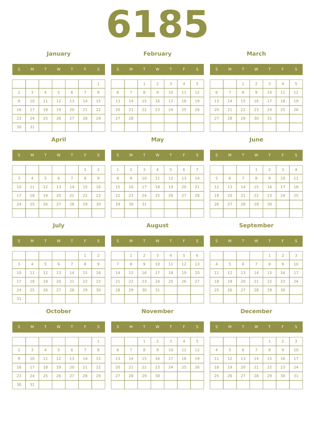 Printable 6185 Year Calendars eburnean