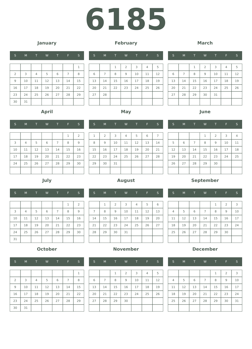 Printable 6185 Year Calendars feldgrau