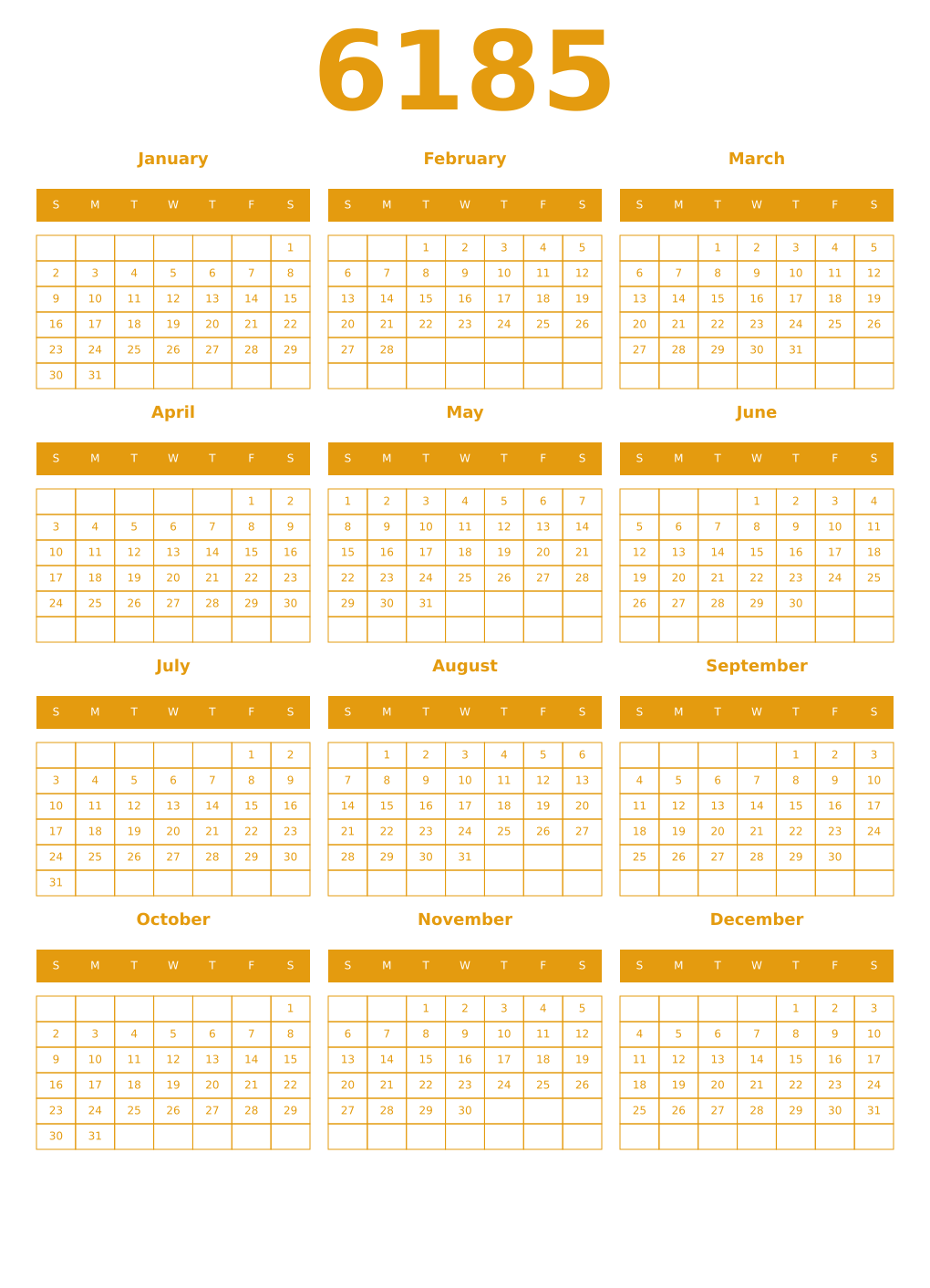 Printable 6185 Year Calendars gamboge