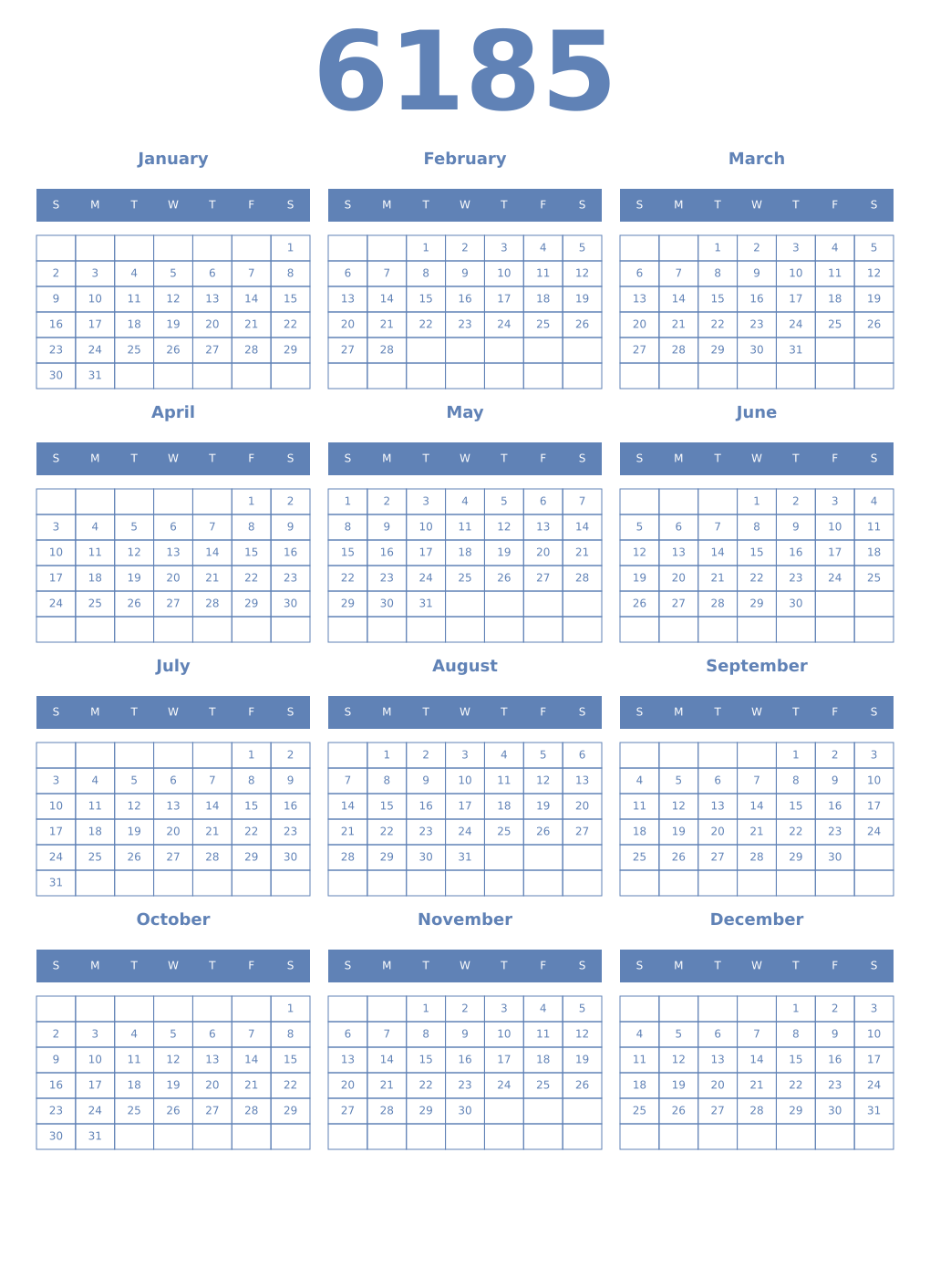 Printable 6185 Year Calendars glaucous