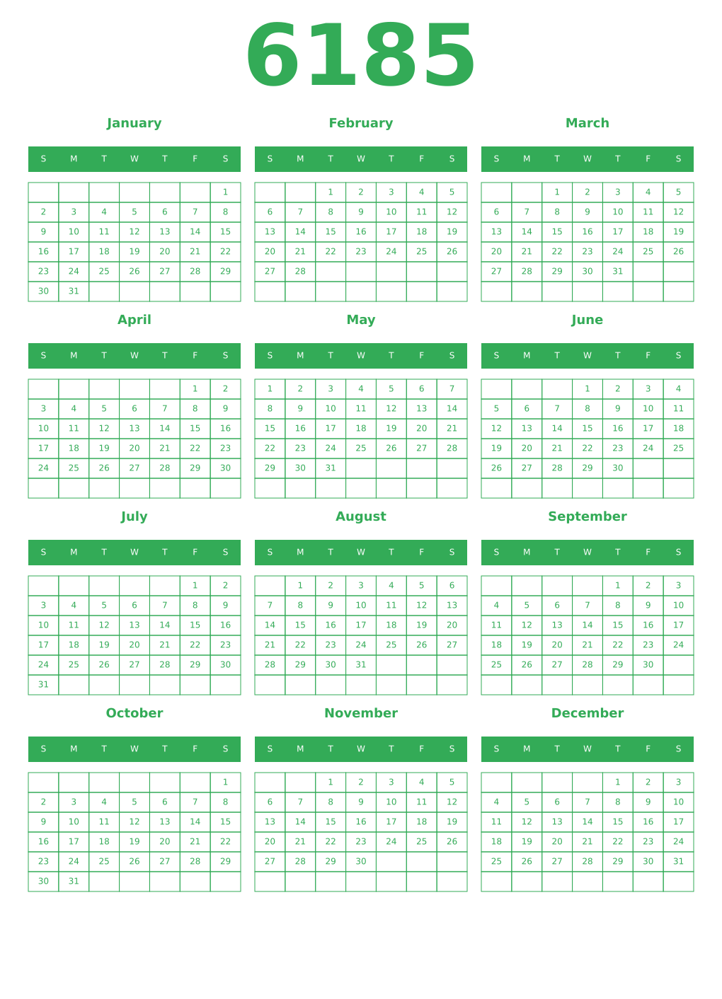 Printable 6185 Year Calendars green