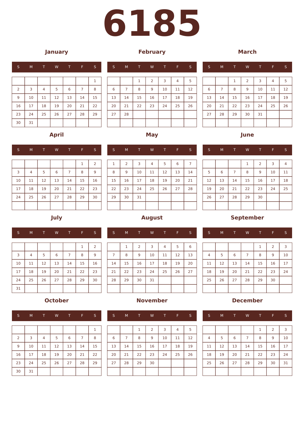 Printable 6185 Year Calendars mortuum