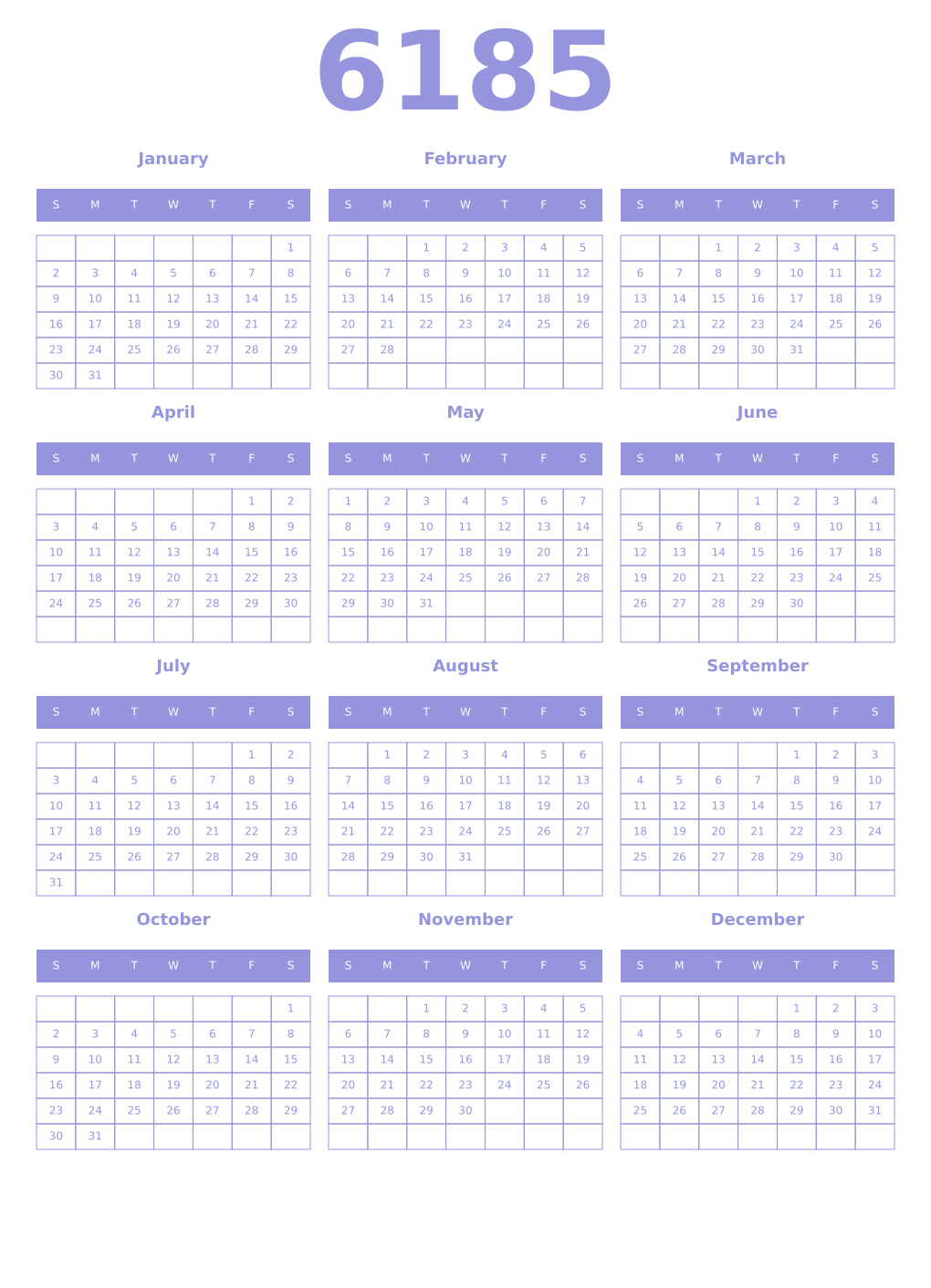 Printable 6185 Year Calendars periwinkle