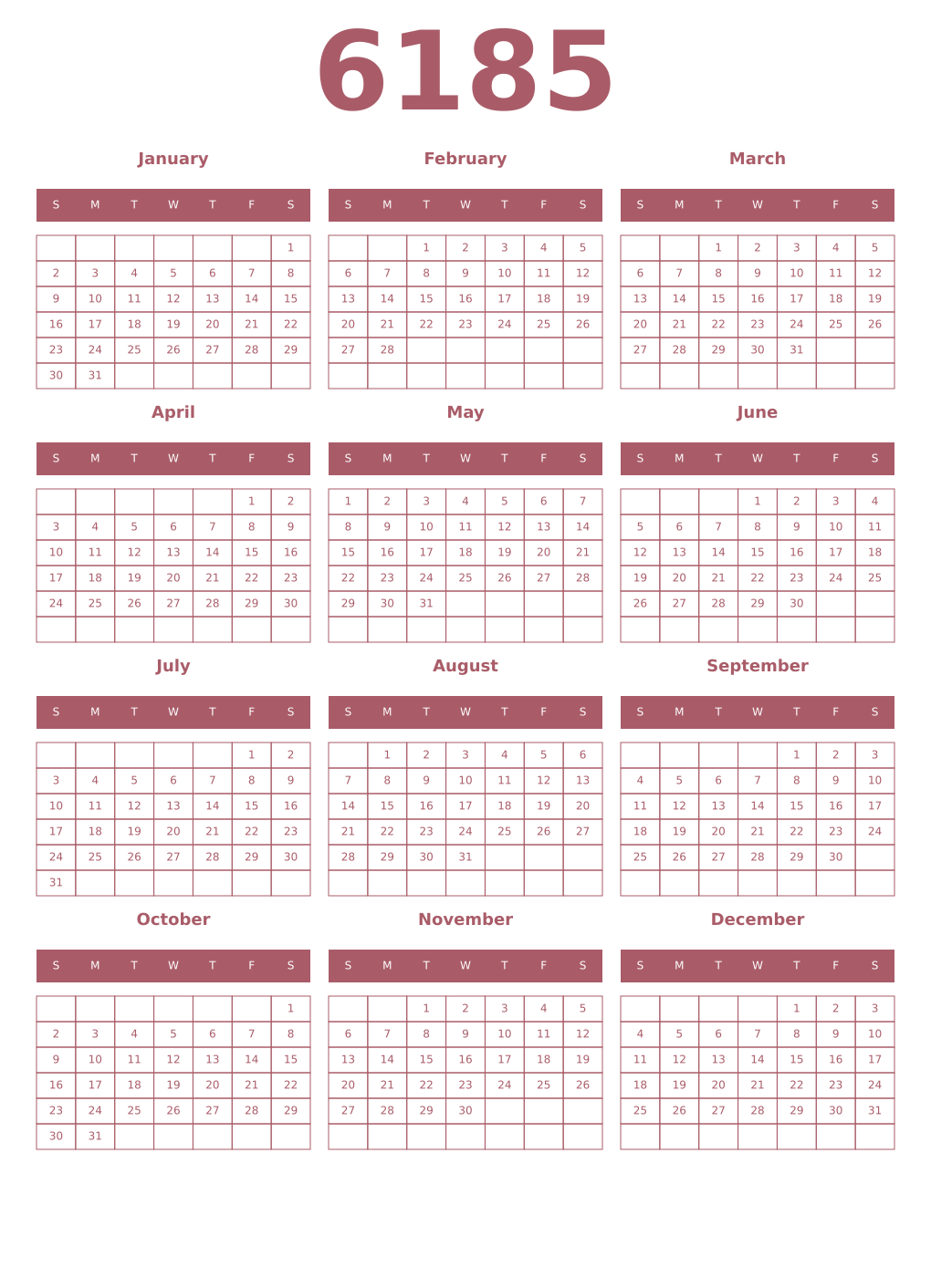 Printable 6185 Year Calendars puce