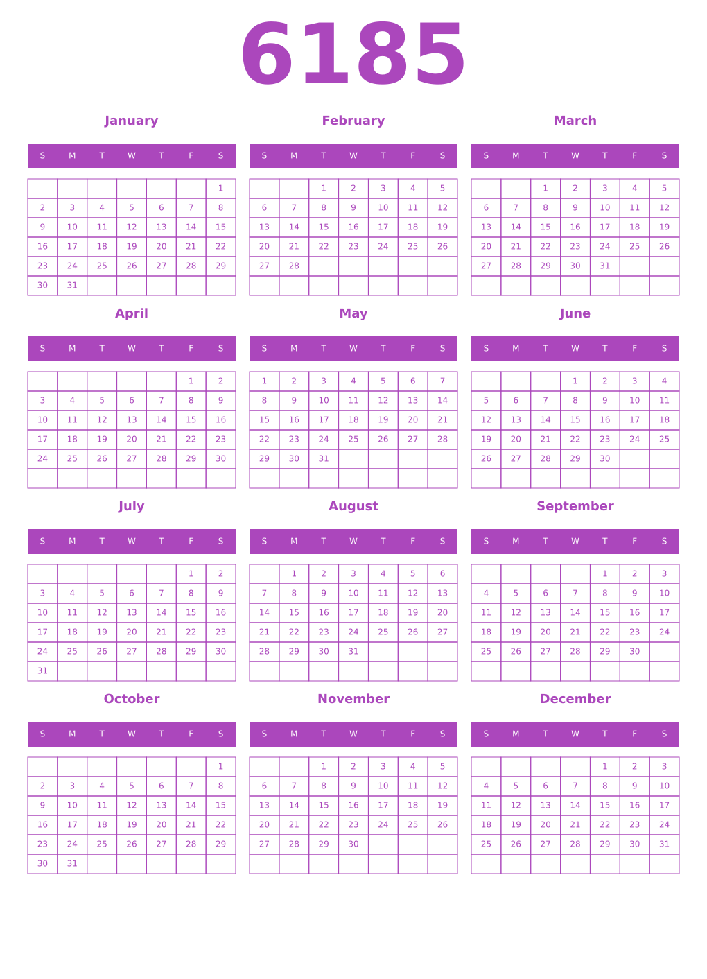 Printable 6185 Year Calendars purple
