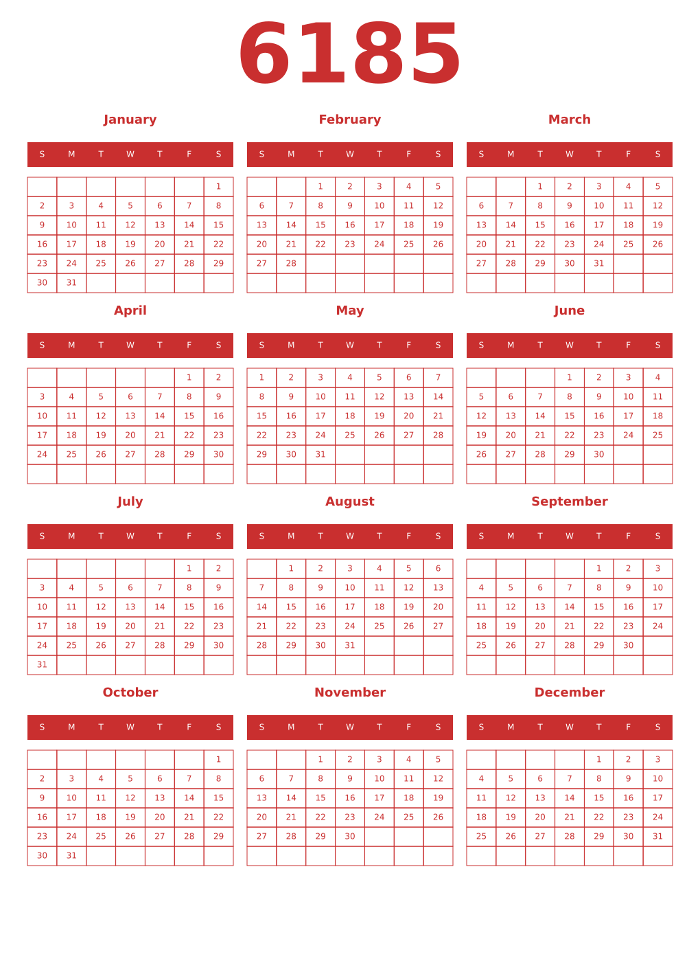 Printable 6185 Year Calendars red
