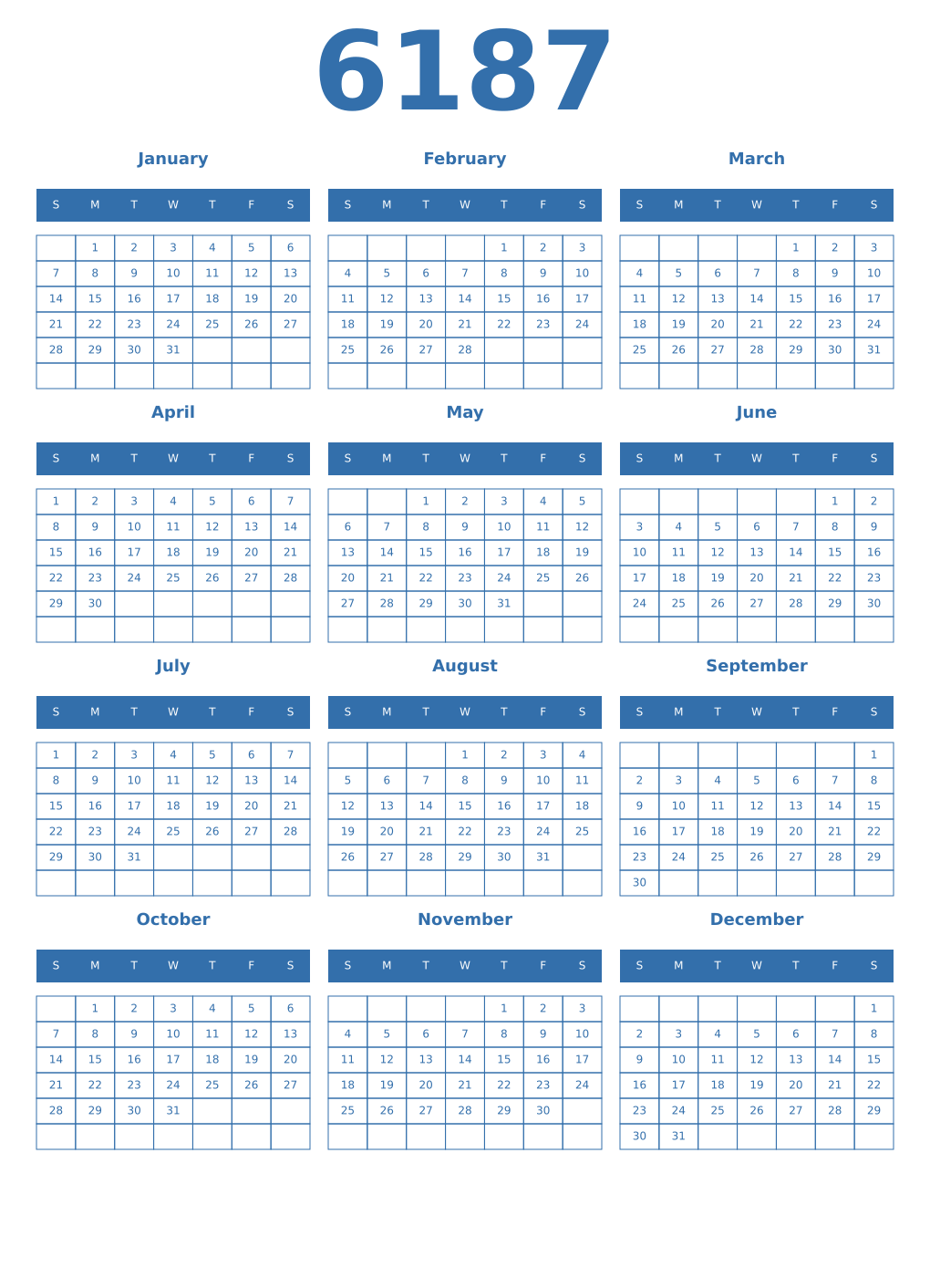 Printable 6187 Year Calendars blue