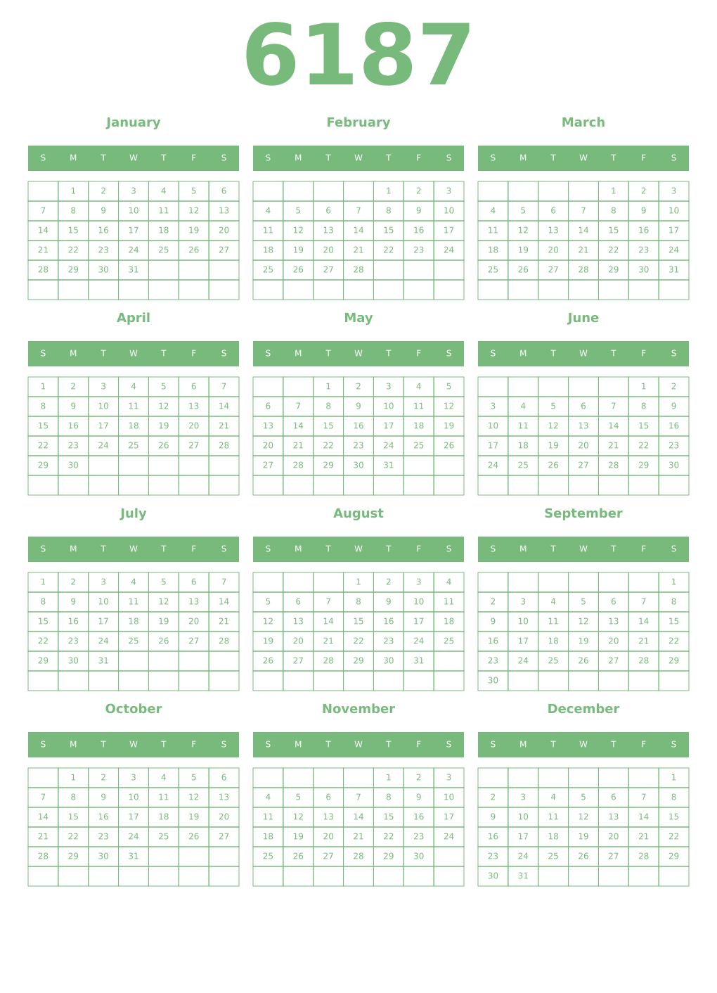 Printable 6187 Year Calendars celadon