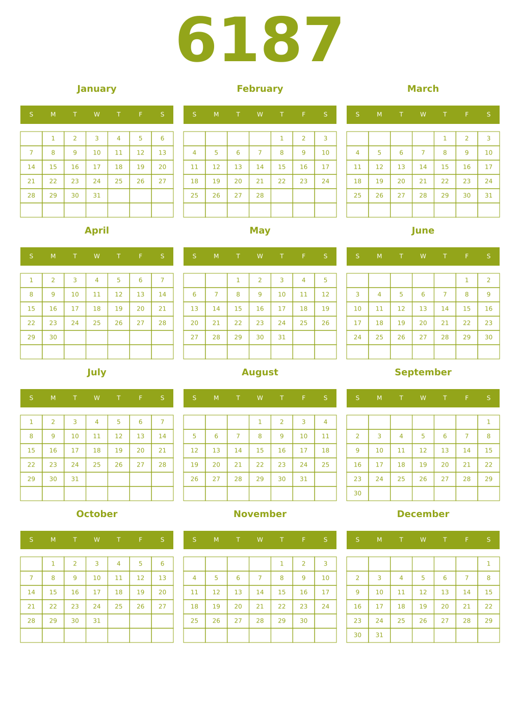 Printable 6187 Year Calendars chartreuse