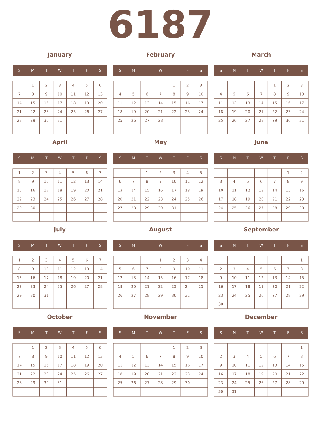 Printable 6187 Year Calendars coffe