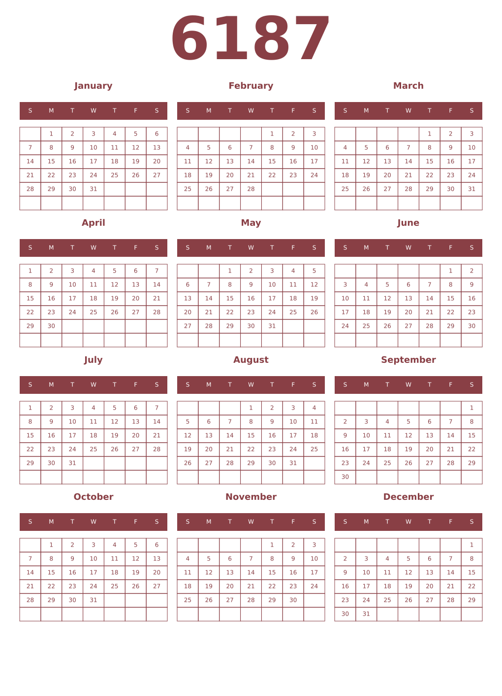 Printable 6187 Year Calendars cordovan