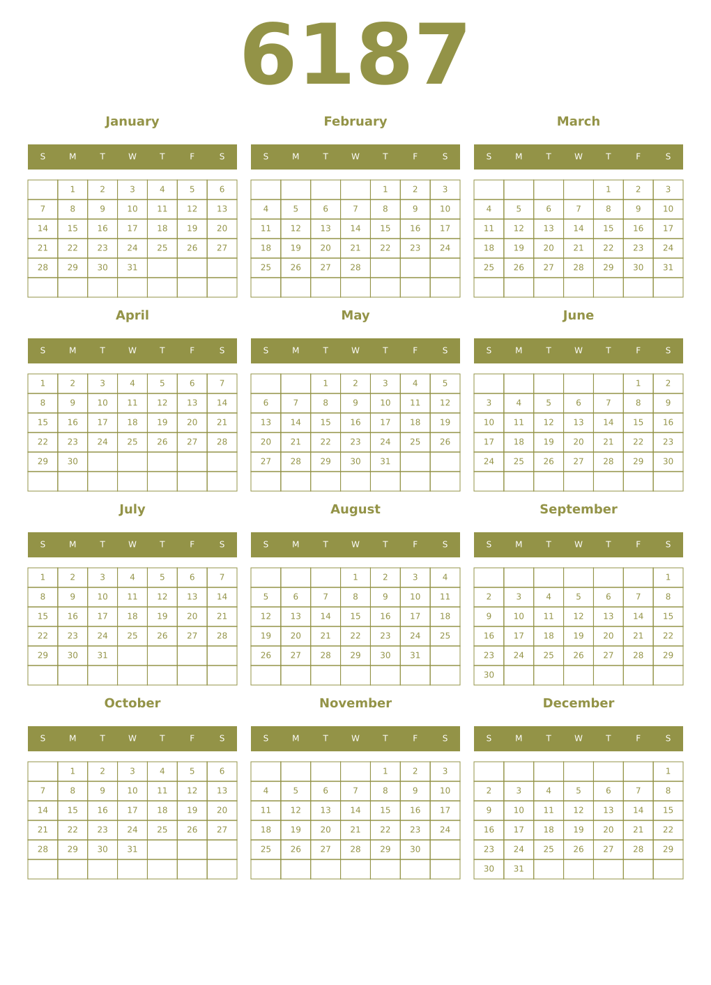Printable 6187 Year Calendars eburnean