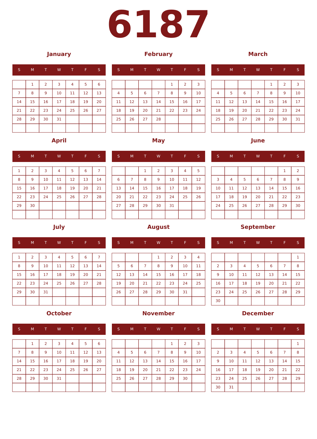 Printable 6187 Year Calendars falu