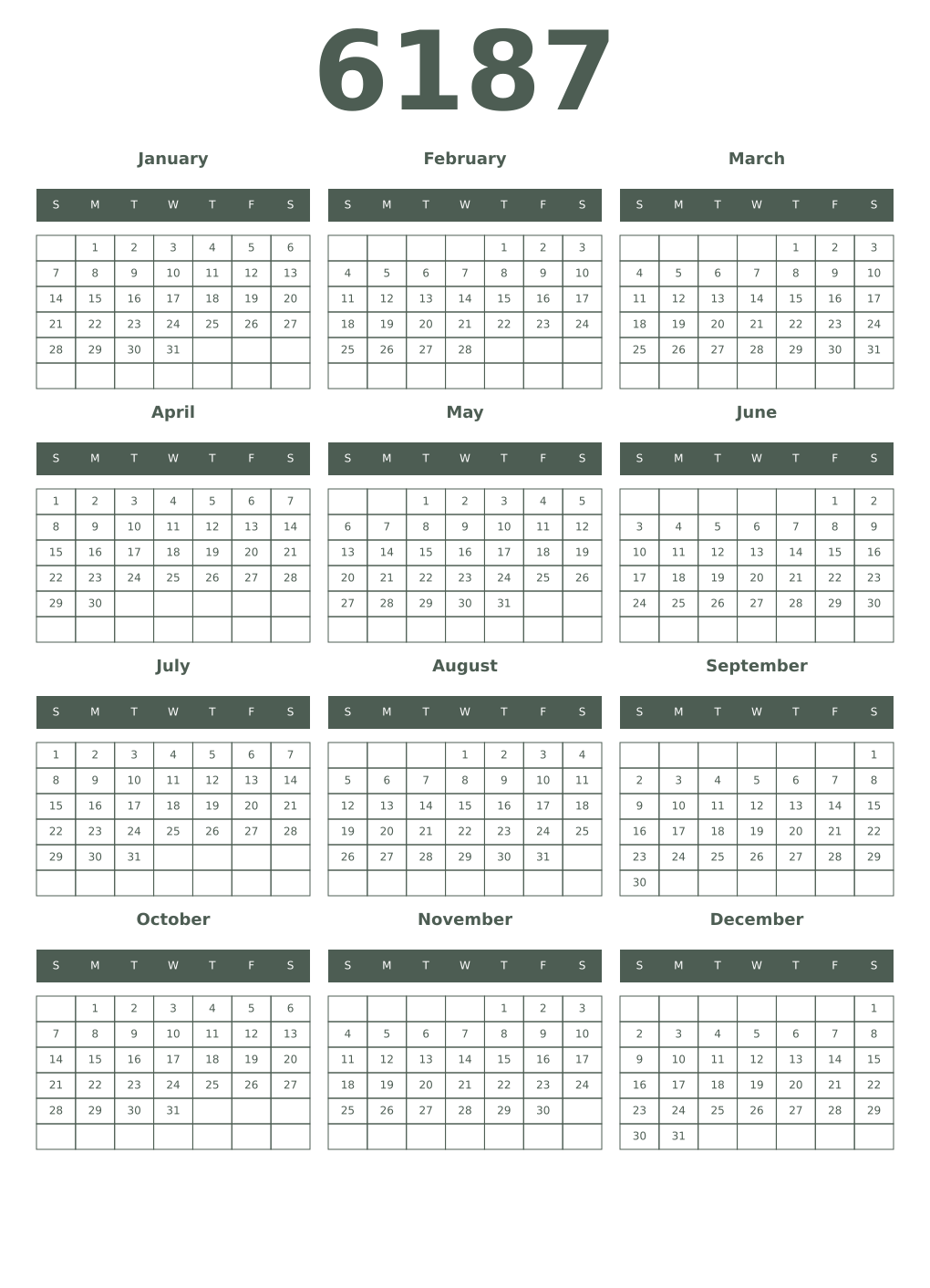 Printable 6187 Year Calendars feldgrau