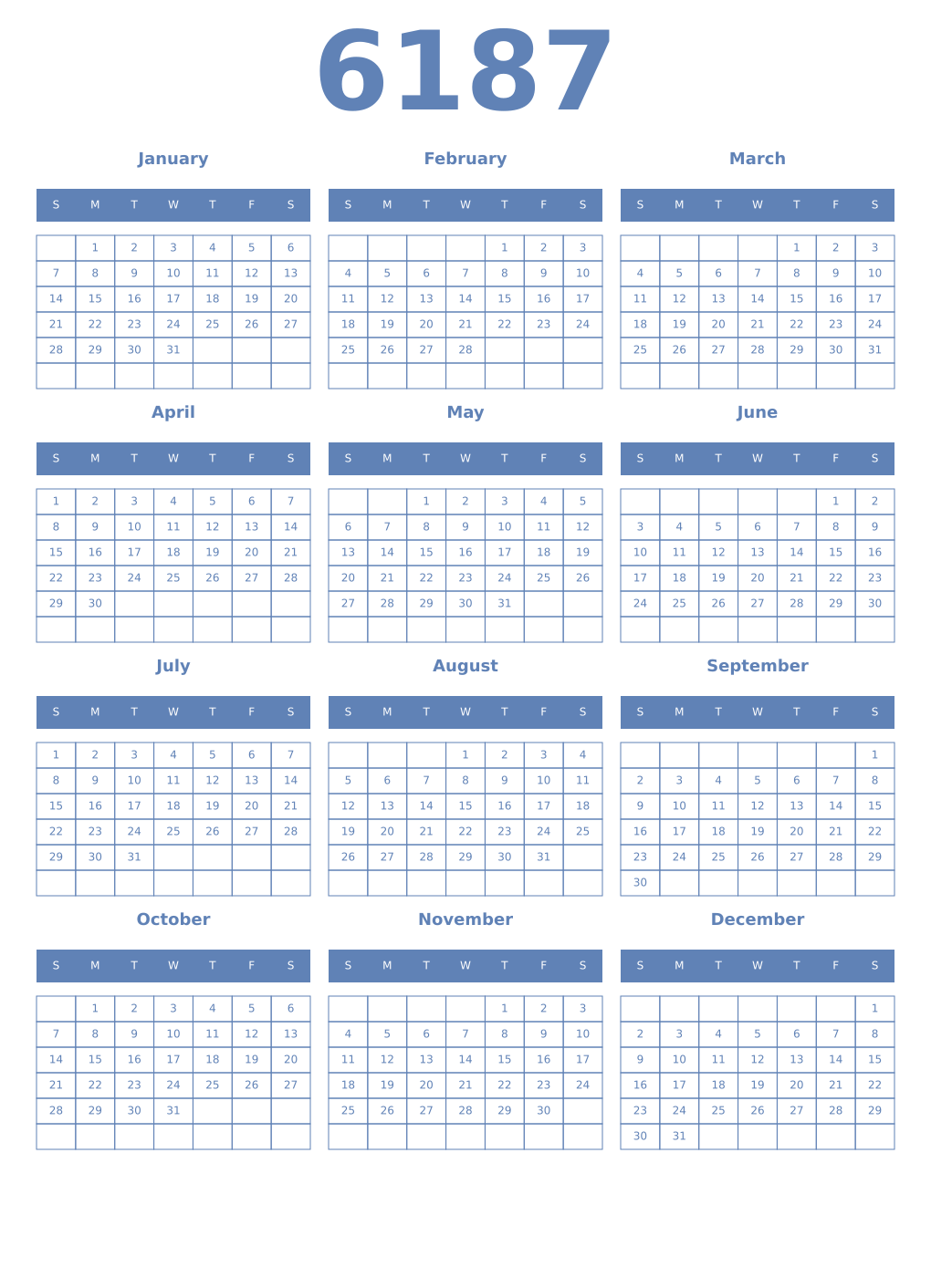 Printable 6187 Year Calendars glaucous