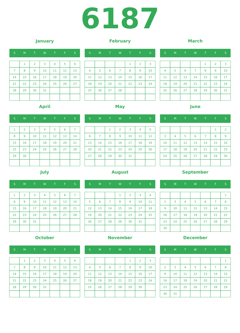 Printable 6187 Year Calendars green