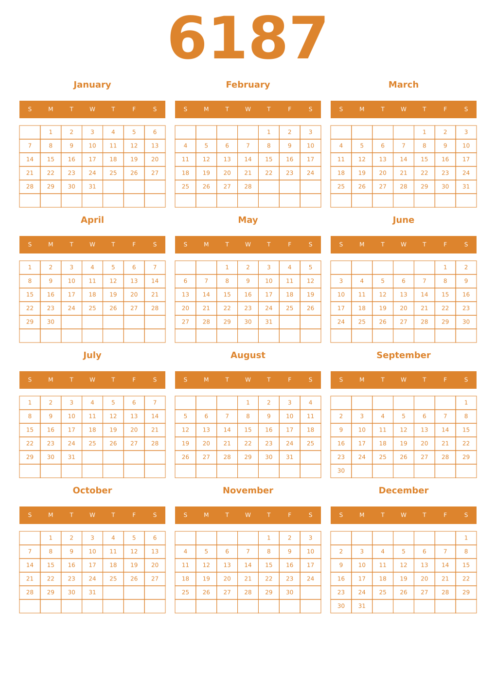 Printable 6187 Year Calendars orange