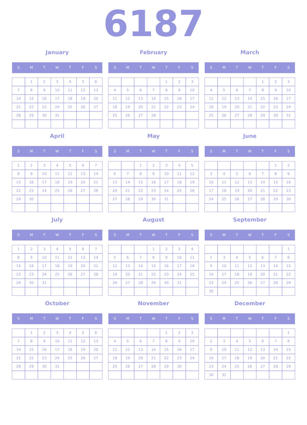 Printable 6187 Year Calendars periwinkle