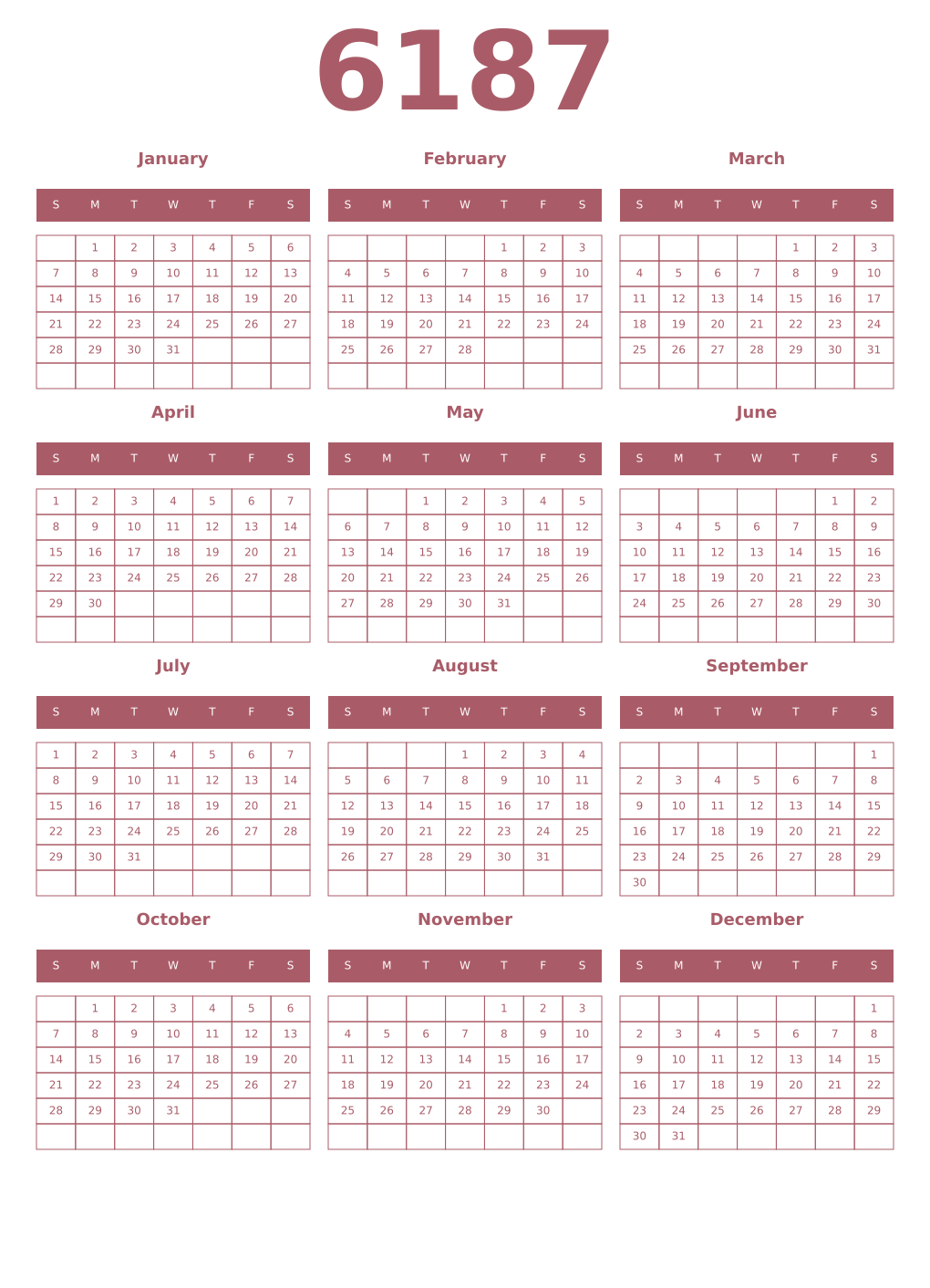 Printable 6187 Year Calendars puce