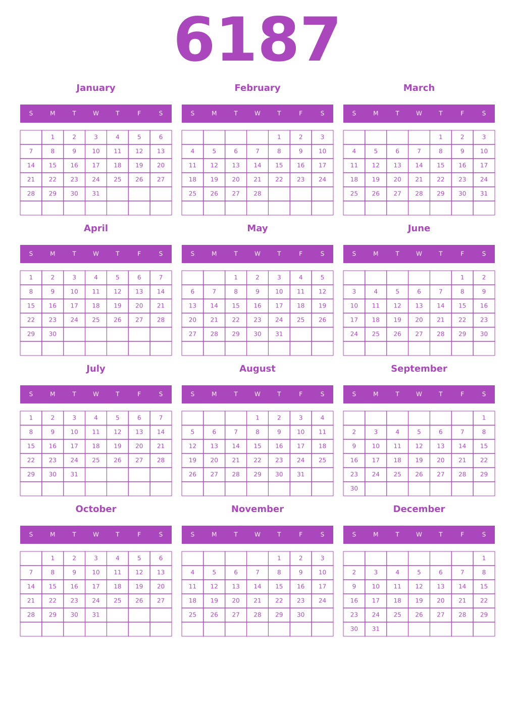 Printable 6187 Year Calendars purple