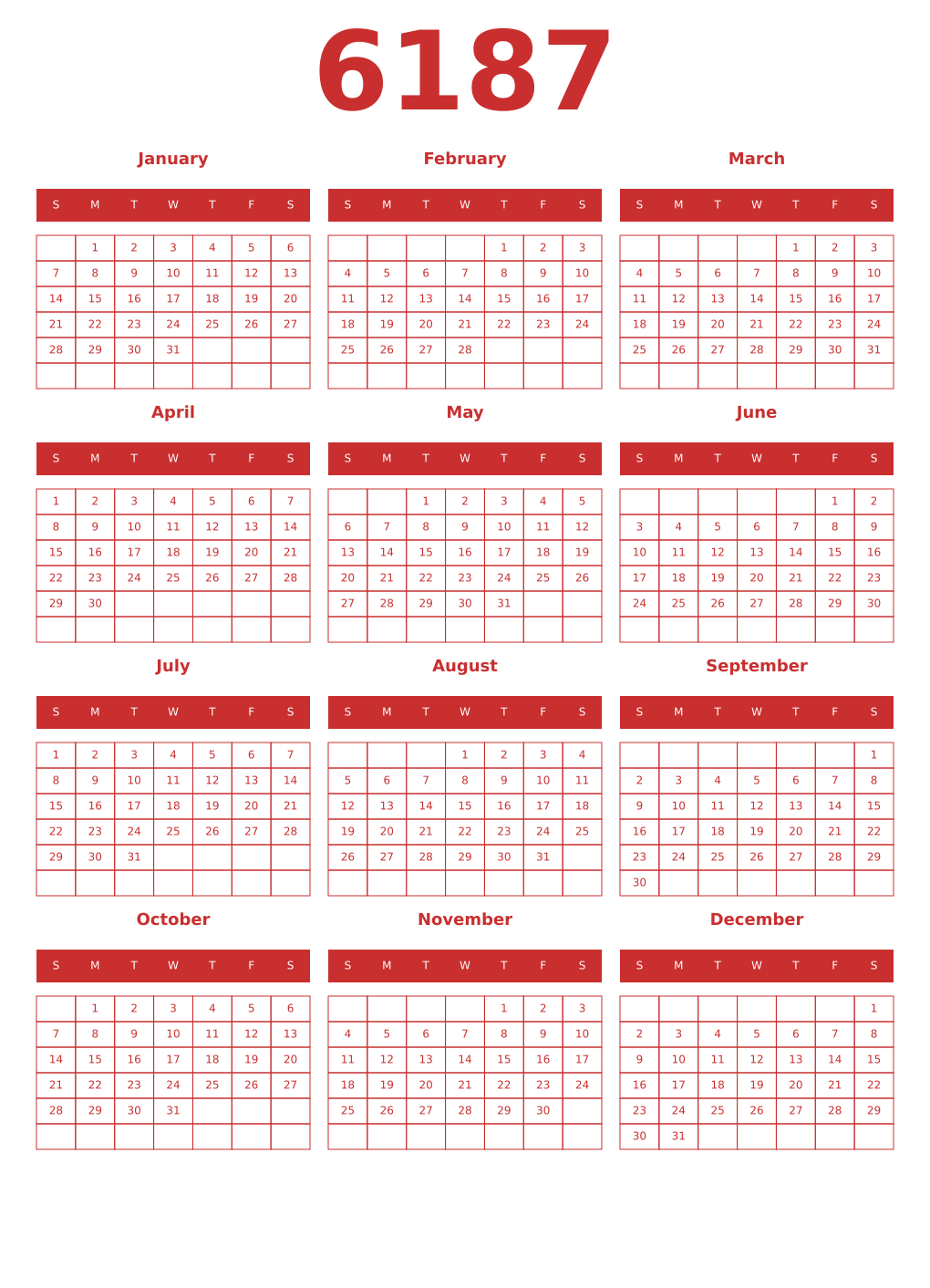 Printable 6187 Year Calendars red