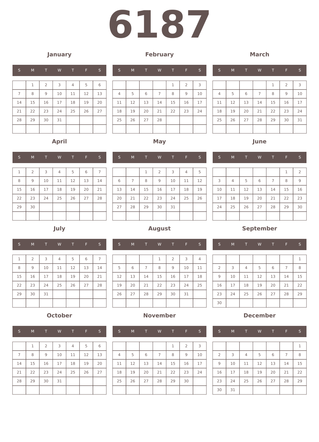 Printable 6187 Year Calendars wenge