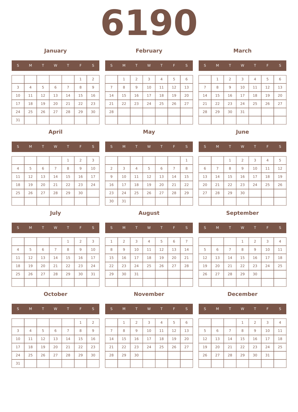 Printable 6190 Year Calendars coffe