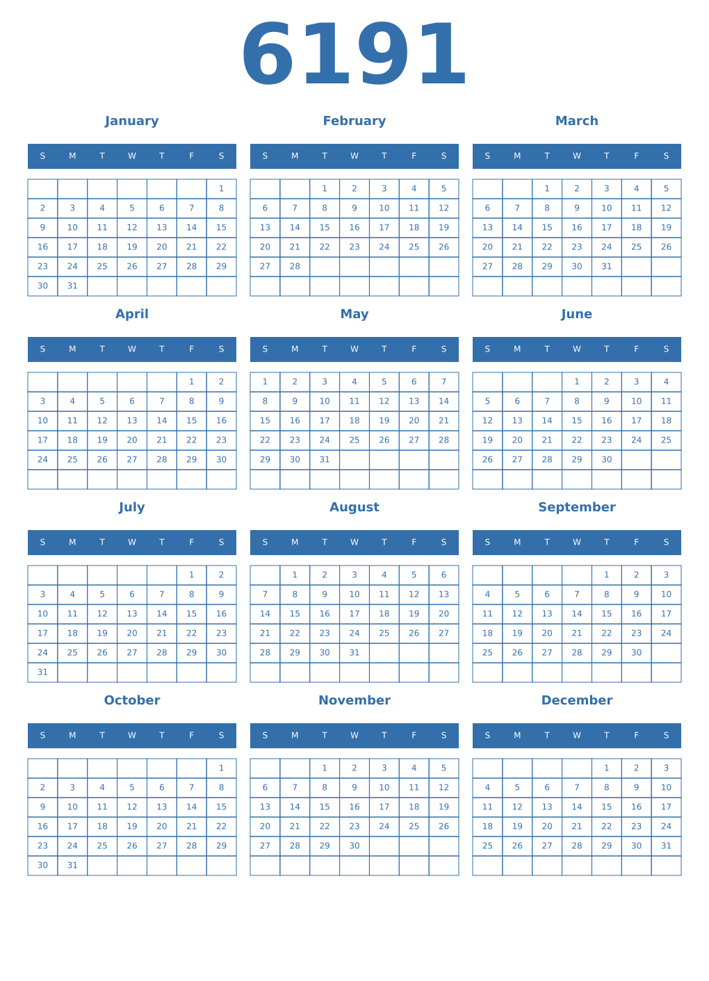 Printable 6191 Year Calendars blue