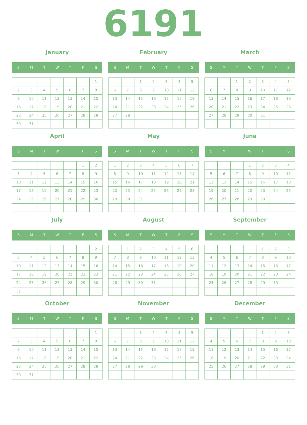 Printable 6191 Year Calendars celadon