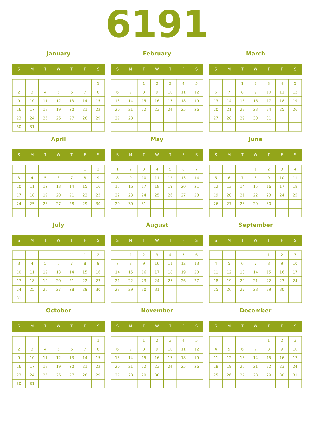 Printable 6191 Year Calendars chartreuse