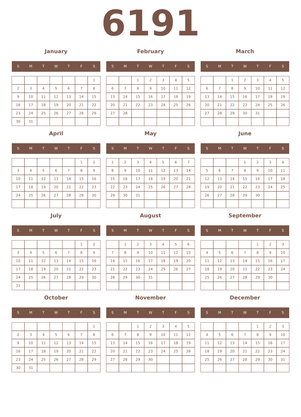 Printable 6191 Year Calendars coffe