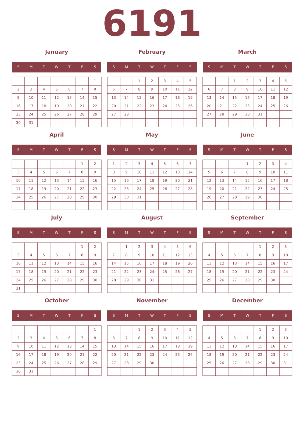 Printable 6191 Year Calendars cordovan