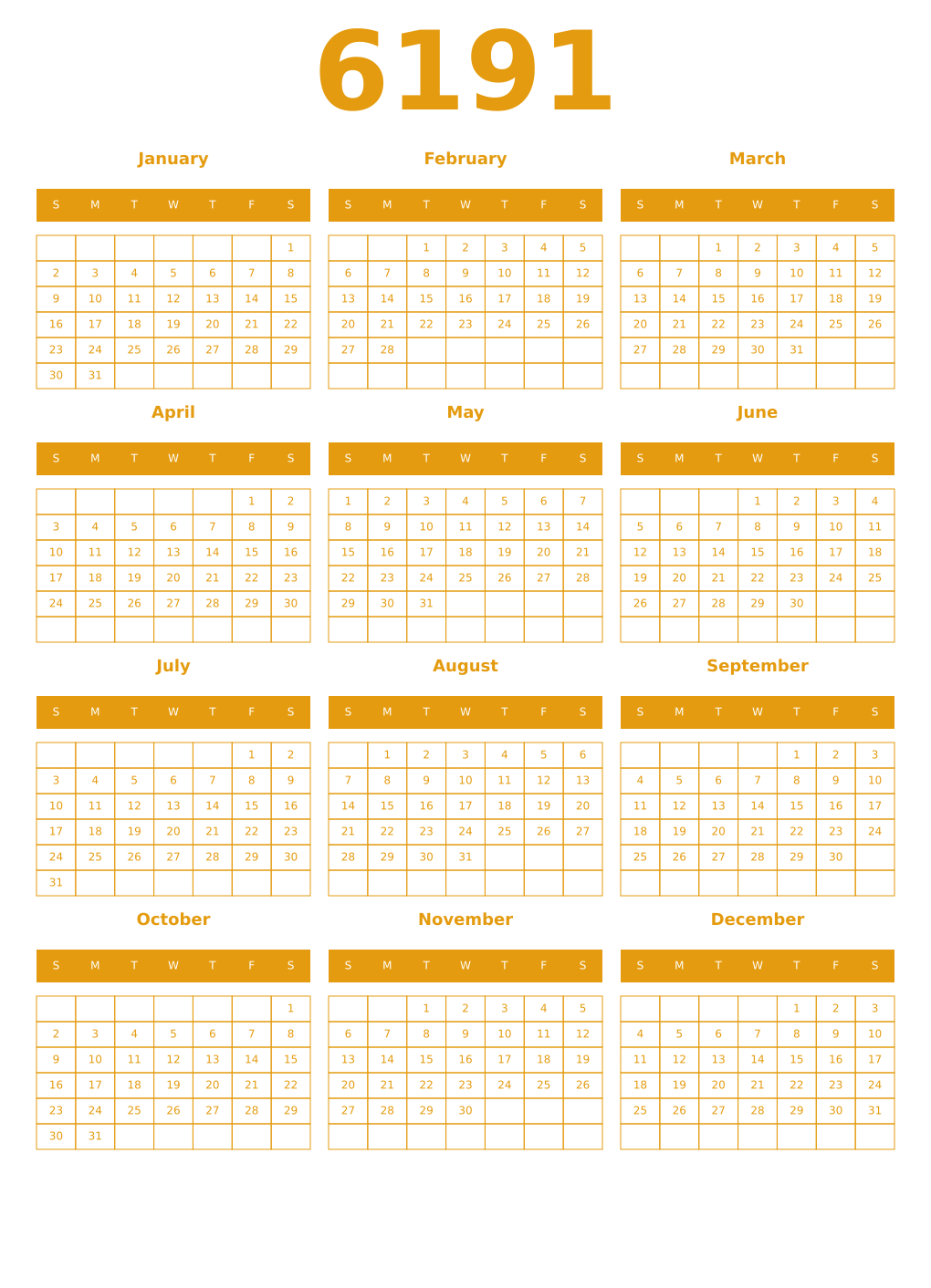 Printable 6191 Year Calendars gamboge