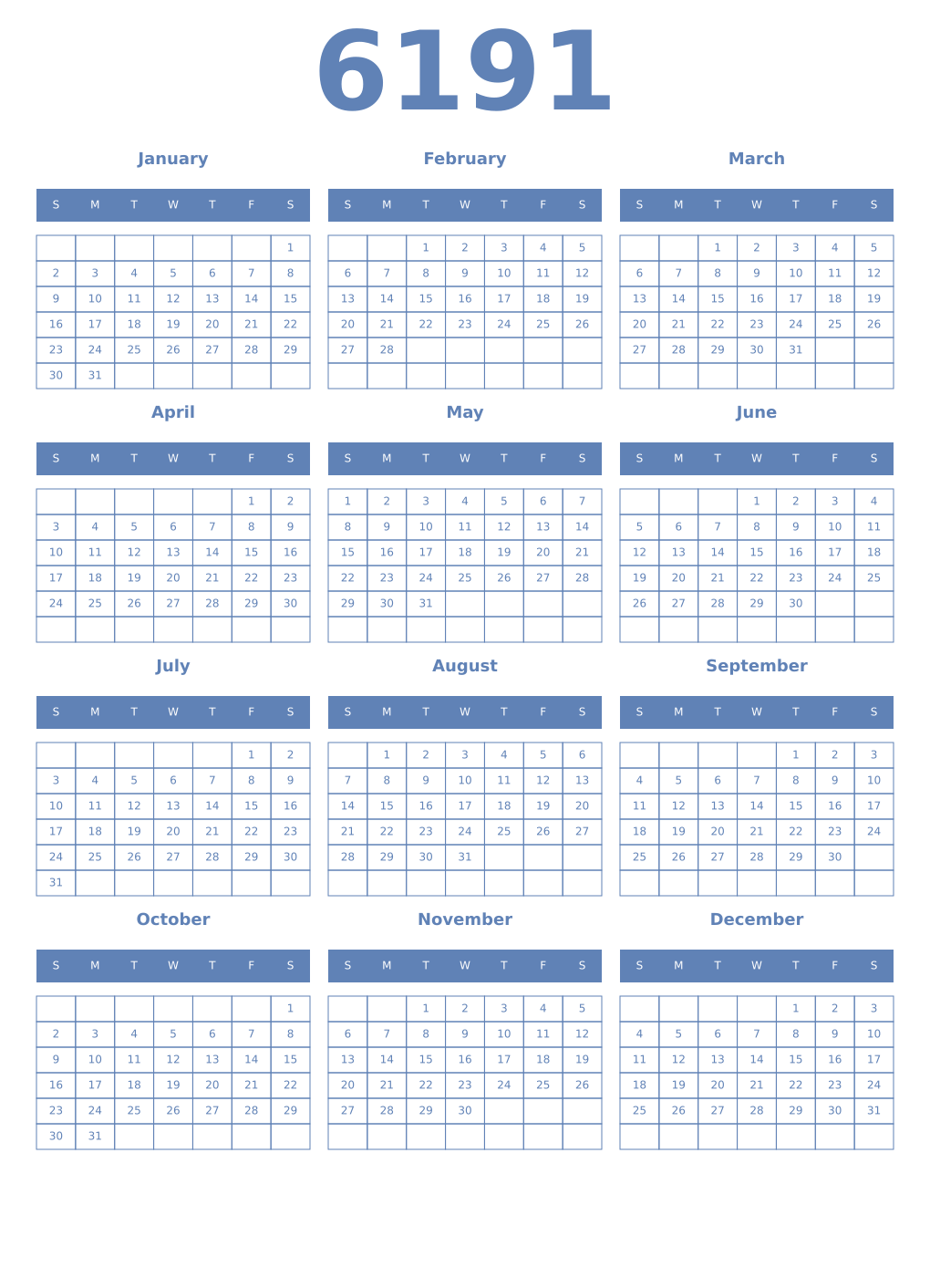 Printable 6191 Year Calendars glaucous