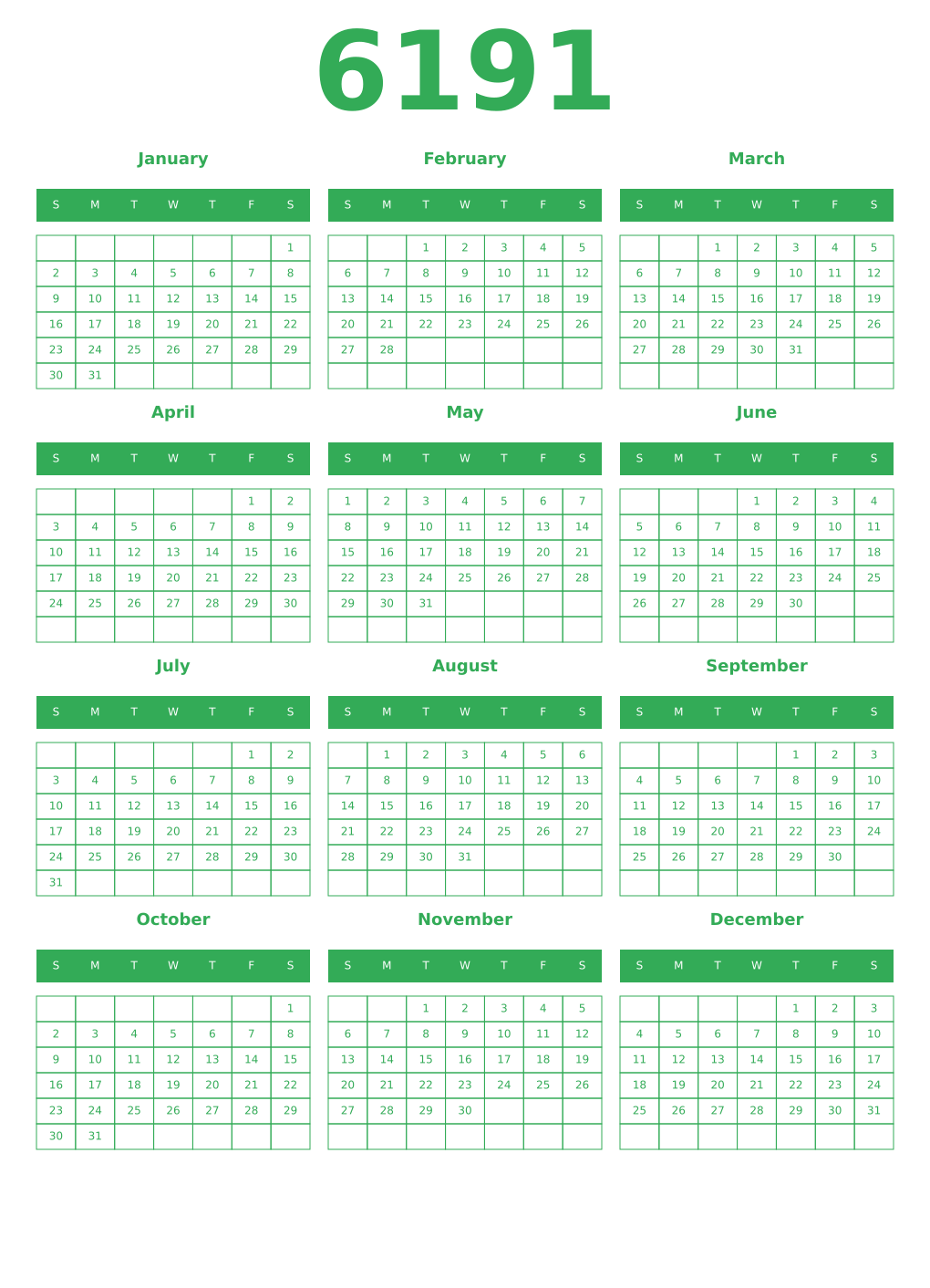 Printable 6191 Year Calendars green