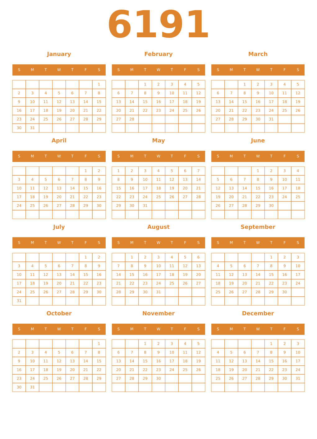 Printable 6191 Year Calendars orange