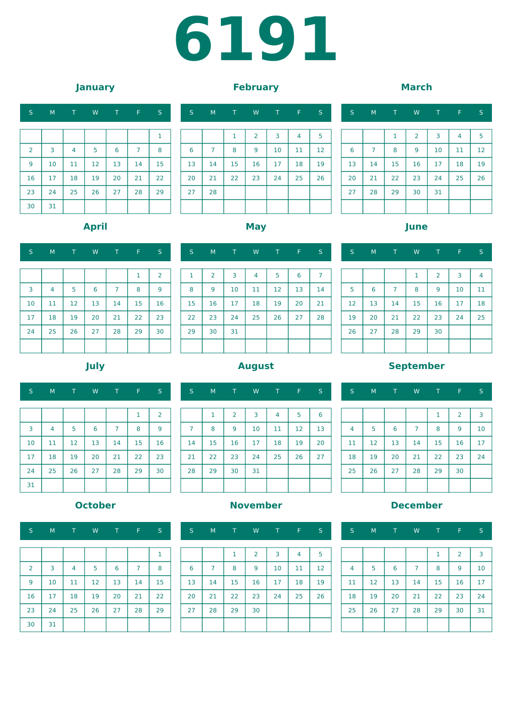 Printable 6191 Year Calendars pastel