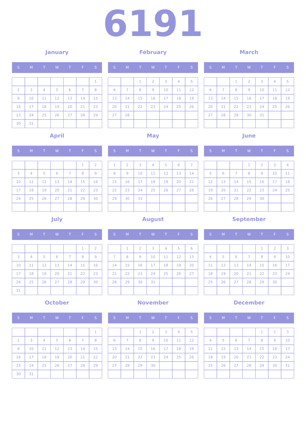 Printable 6191 Year Calendars periwinkle