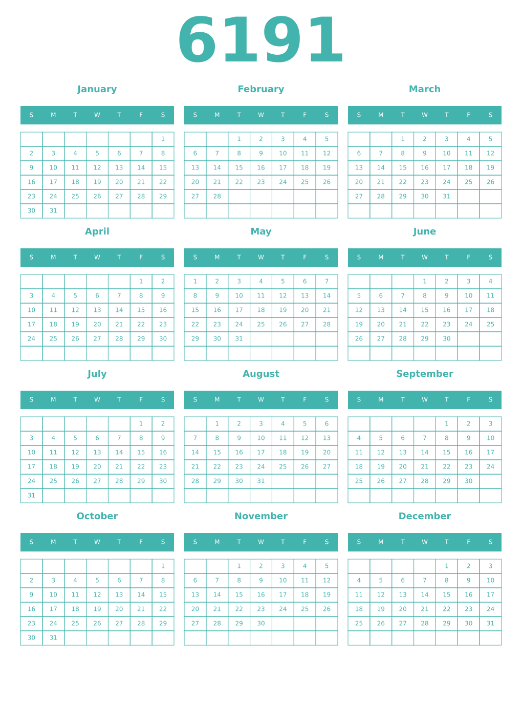Printable 6191 Year Calendars verdigris