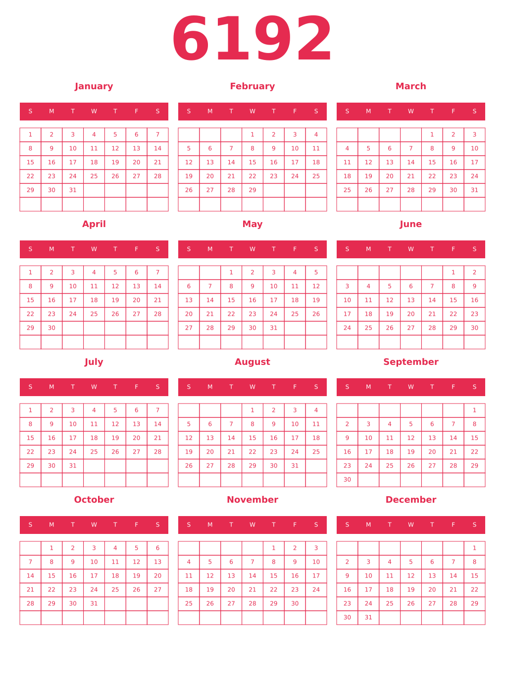 Printable 6192 Year Calendars amaranth