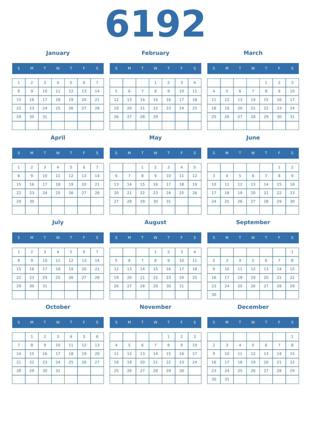 Printable 6192 Year Calendars blue